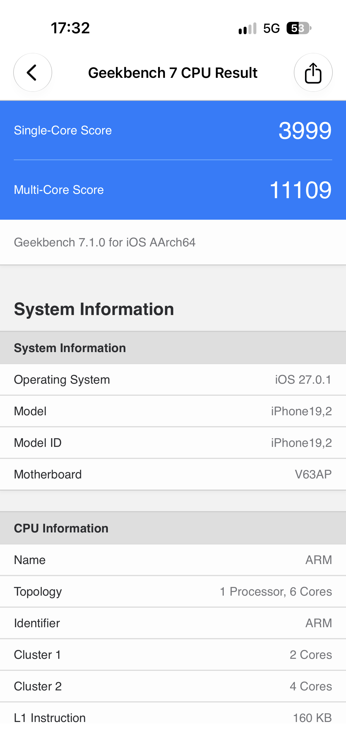 Risultato Geekbench 7 CPU su iPhone 18 Pro